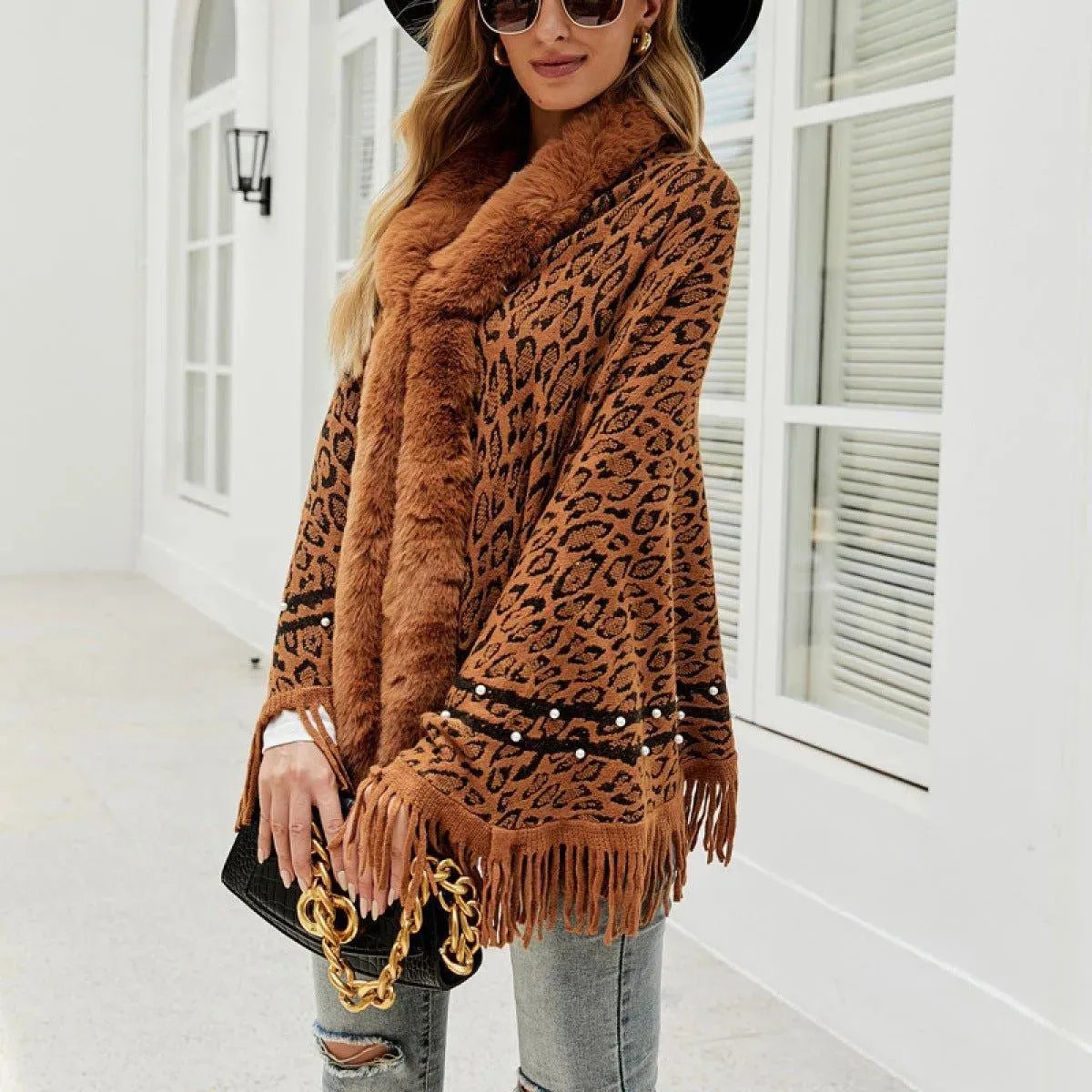Leopard Fringe Faux Fur Shearling Poncho