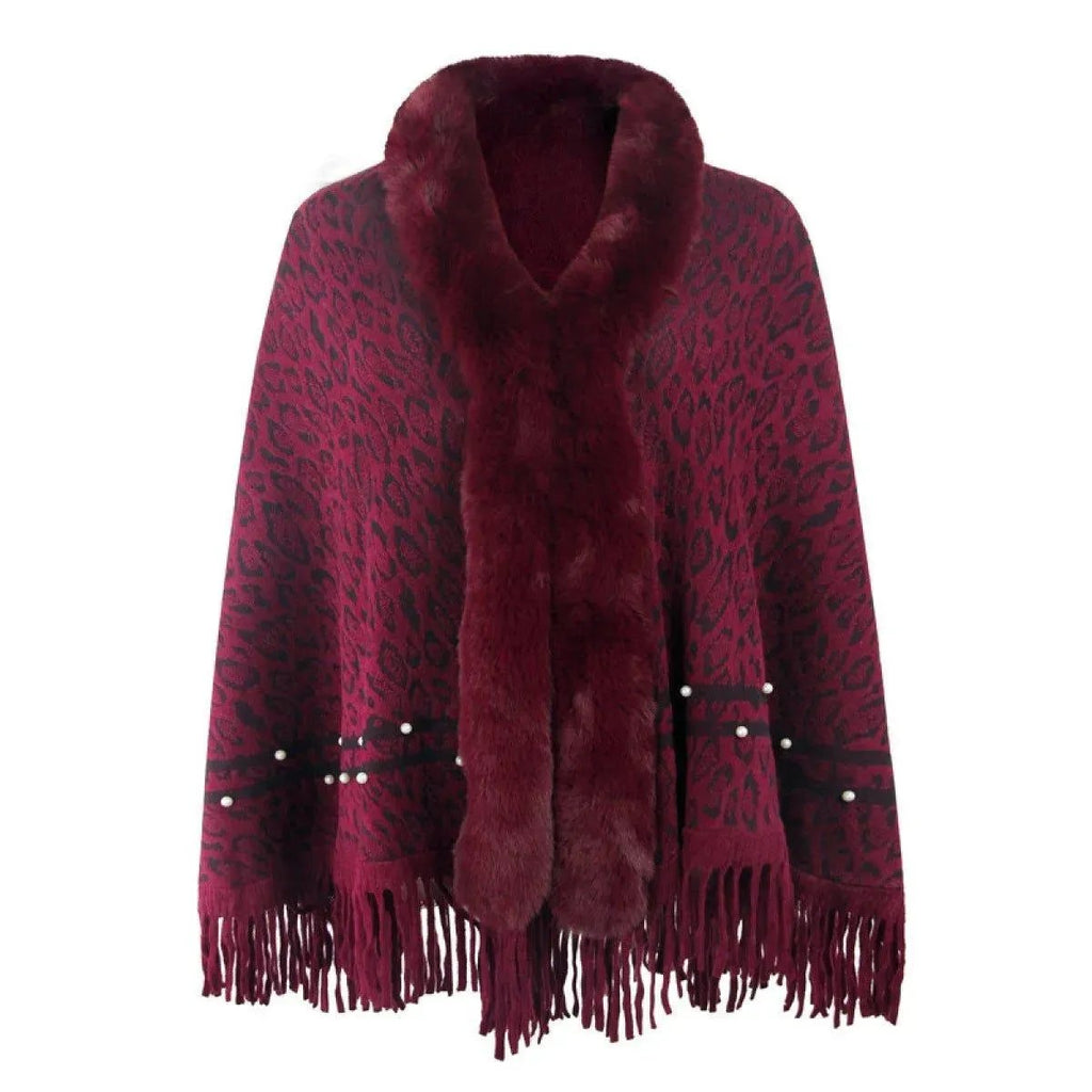 Leopard Fringe Faux Fur Shearling Poncho