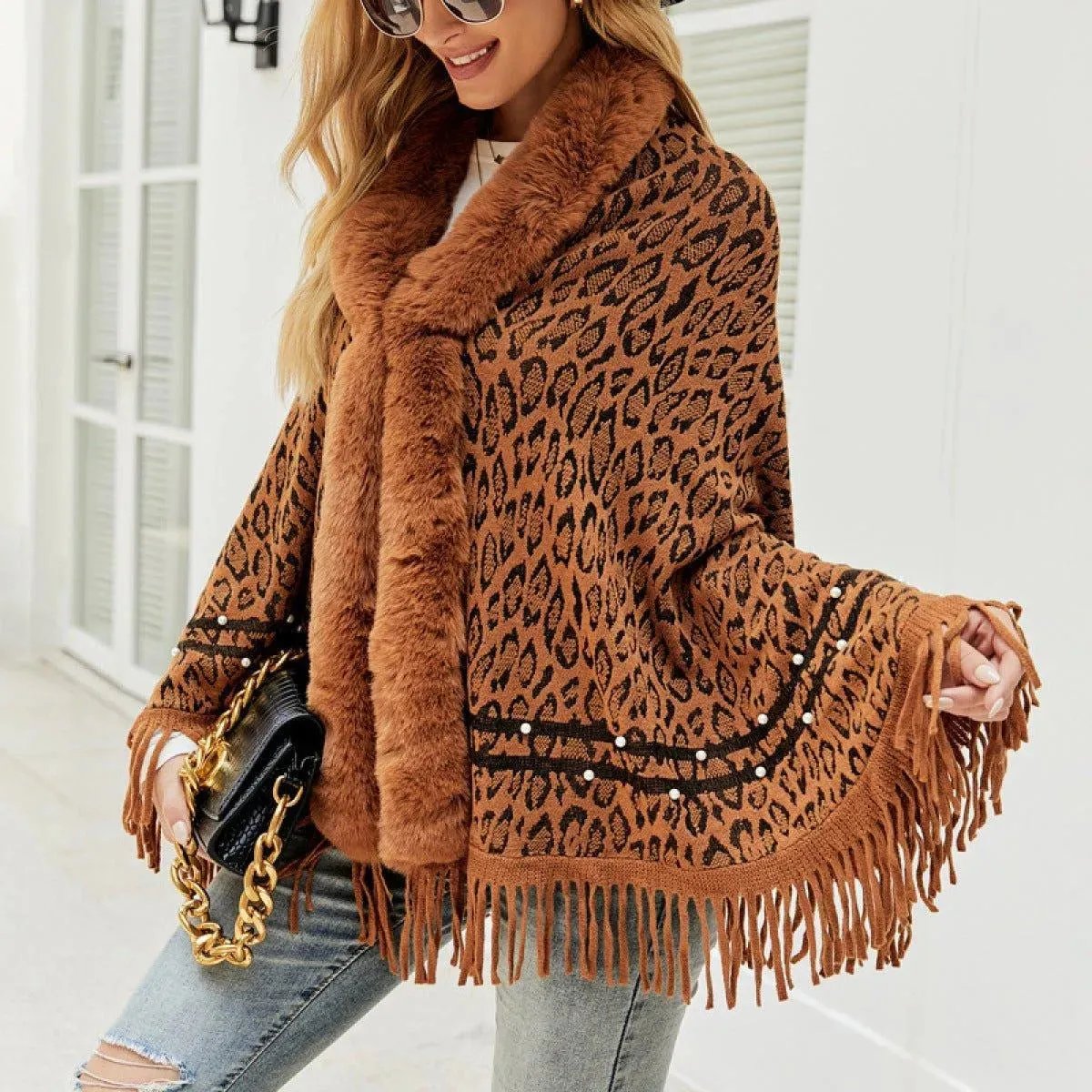 Leopard Fringe Faux Fur Shearling Poncho