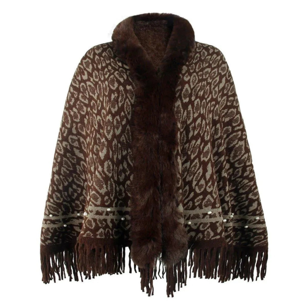 Leopard Fringe Faux Fur Shearling Poncho