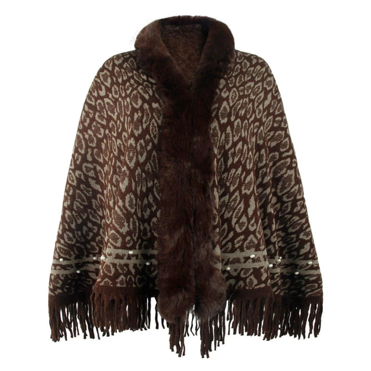 Leopard Fringe Faux Fur Shearling Poncho Jewelry Bubble