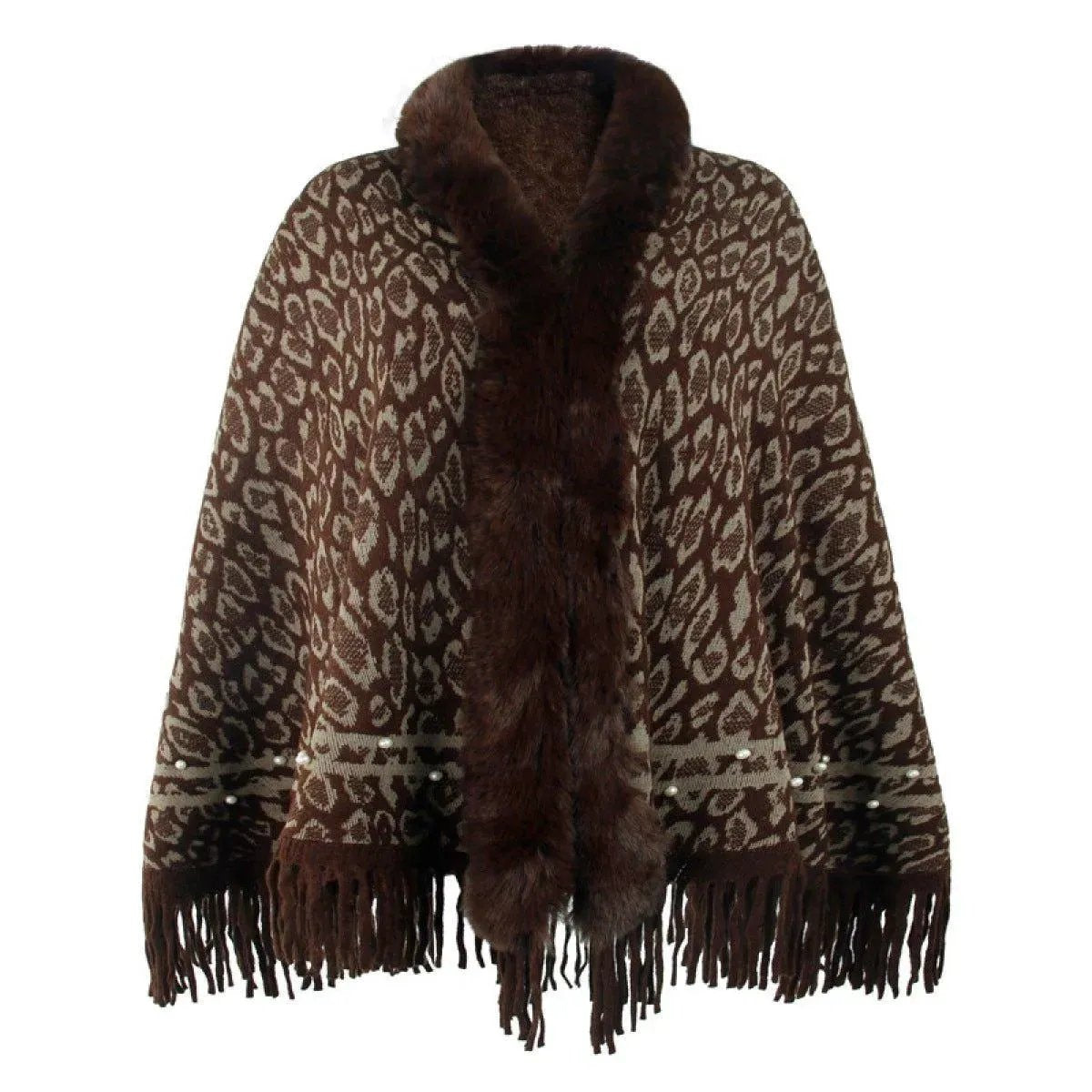 Leopard Fringe Faux Fur Shearling Poncho