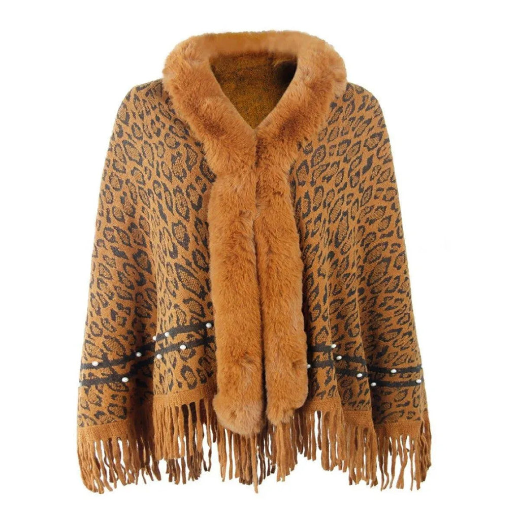 Leopard Fringe Faux Fur Shearling Poncho