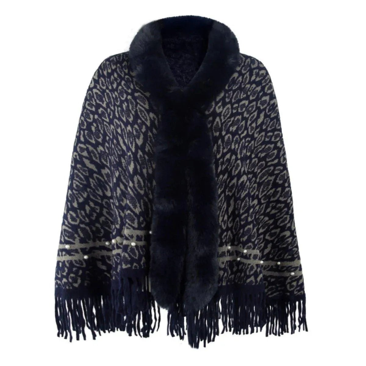 Leopard Fringe Faux Fur Shearling Poncho