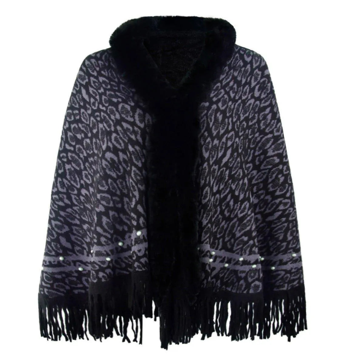 Leopard Fringe Faux Fur Shearling Poncho Jewelry Bubble