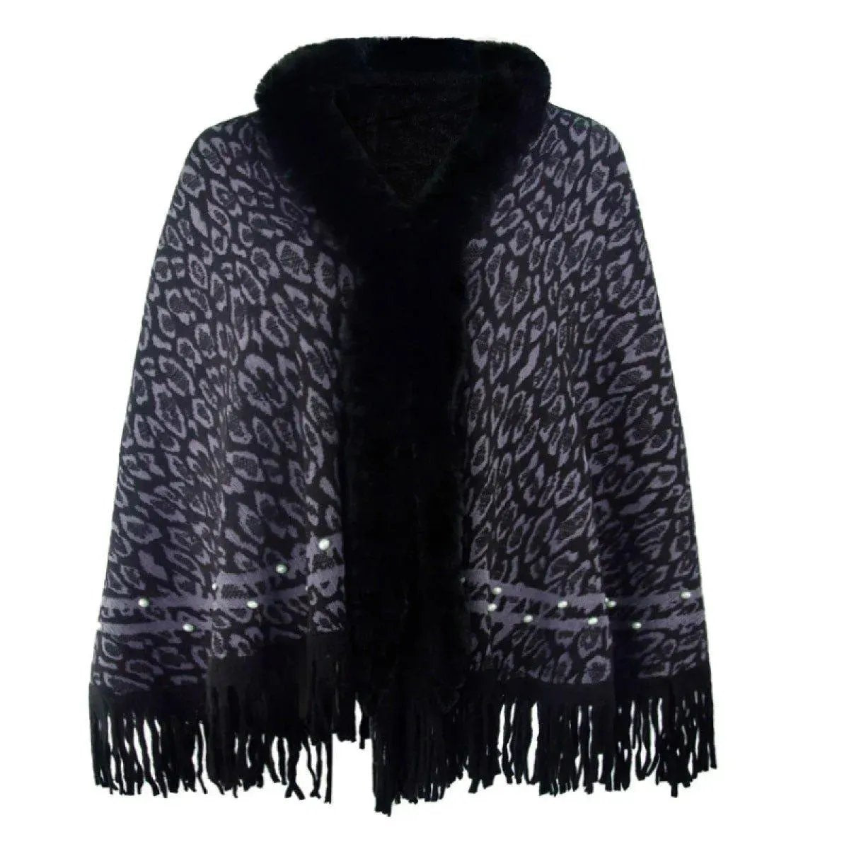 Leopard Fringe Faux Fur Shearling Poncho