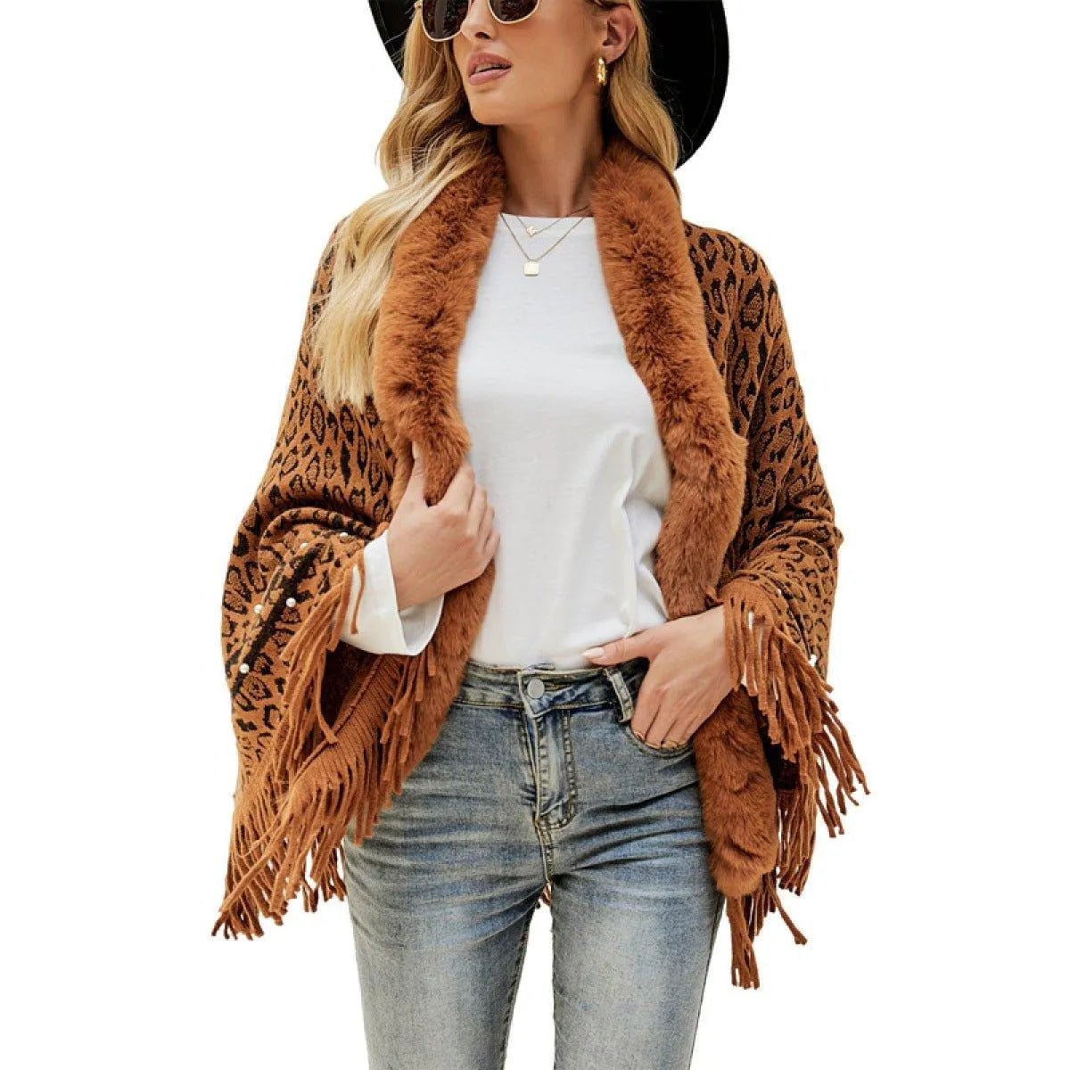 Leopard Fringe Faux Fur Shearling Poncho Jewelry Bubble