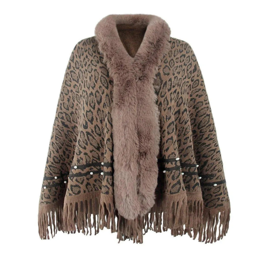 Leopard Fringe Faux Fur Shearling Poncho