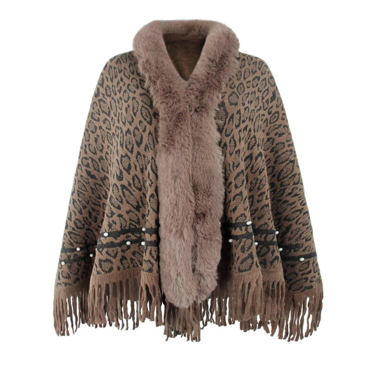 Leopard Fringe Faux Fur Shearling Poncho Jewelry Bubble