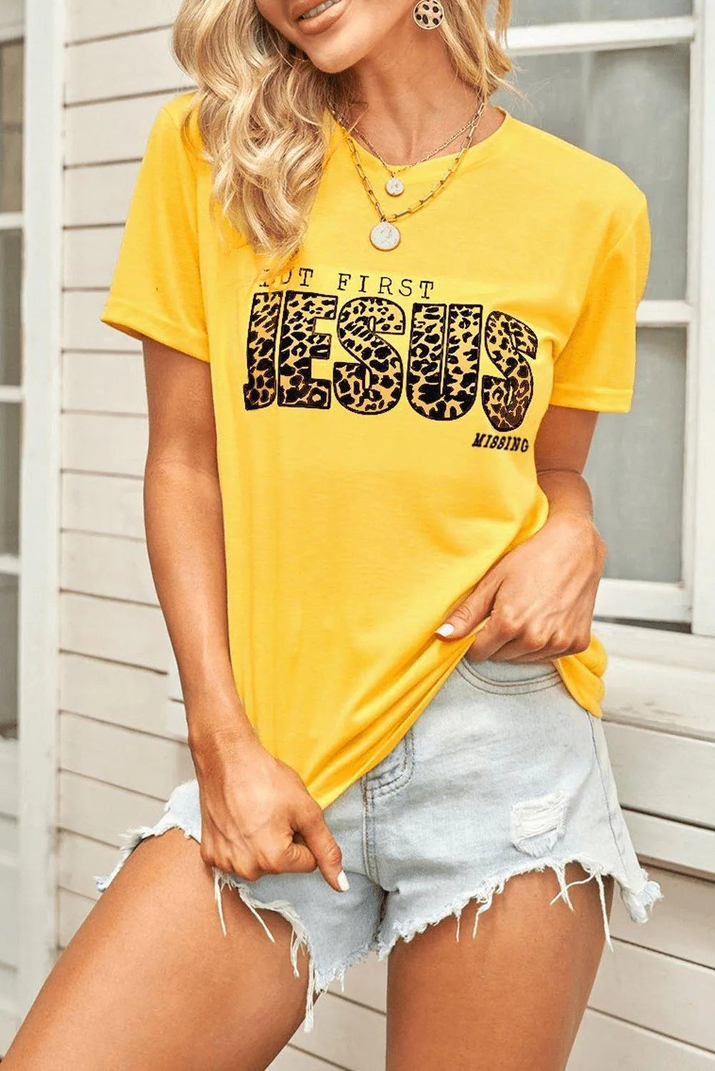 Leopard Letters Print Graphic Yellow T-shirt Jewelry Bubble