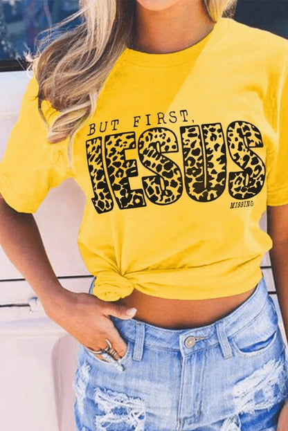 Leopard Letters Print Graphic Yellow T-shirt Jewelry Bubble