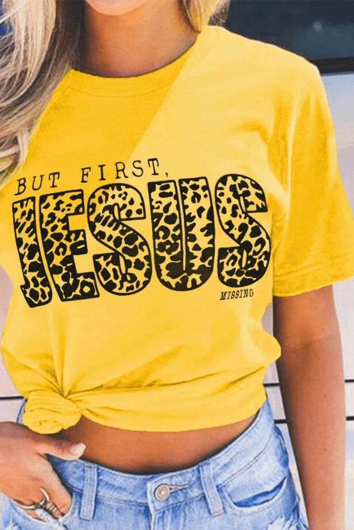 Leopard Letters Print Graphic Yellow T-shirt Jewelry Bubble