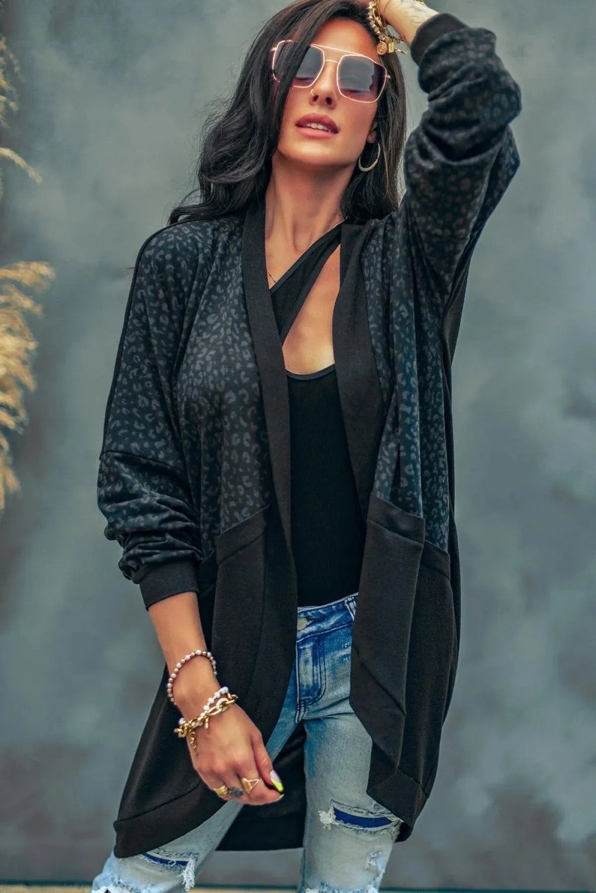 Leopard Patchwork Open Front Cardigan Black