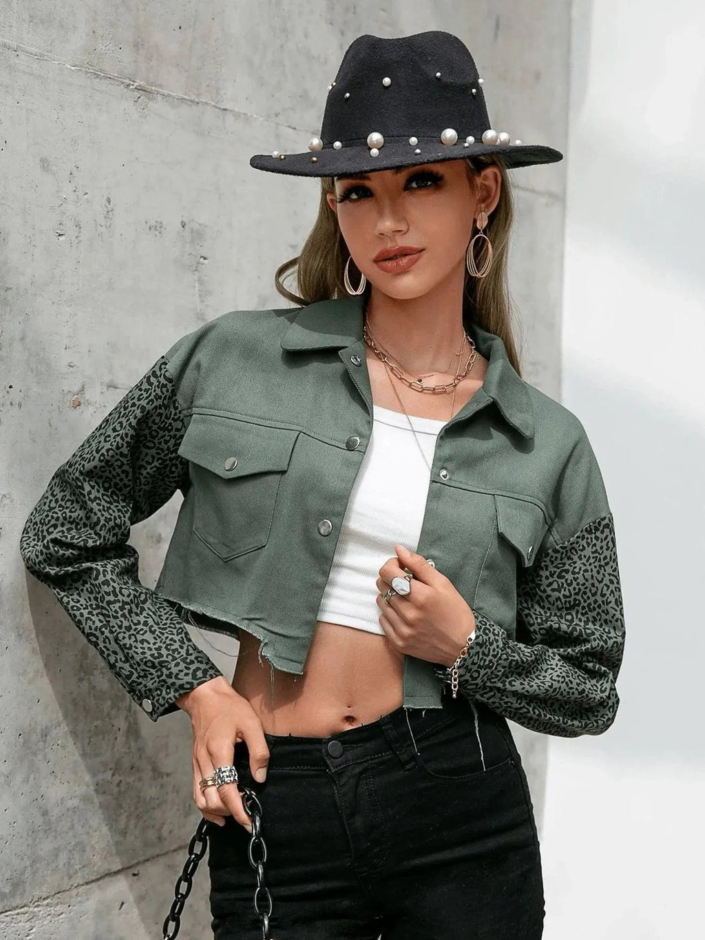 Leopard Print Drop Shoulder Raw Trim Crop Jacket