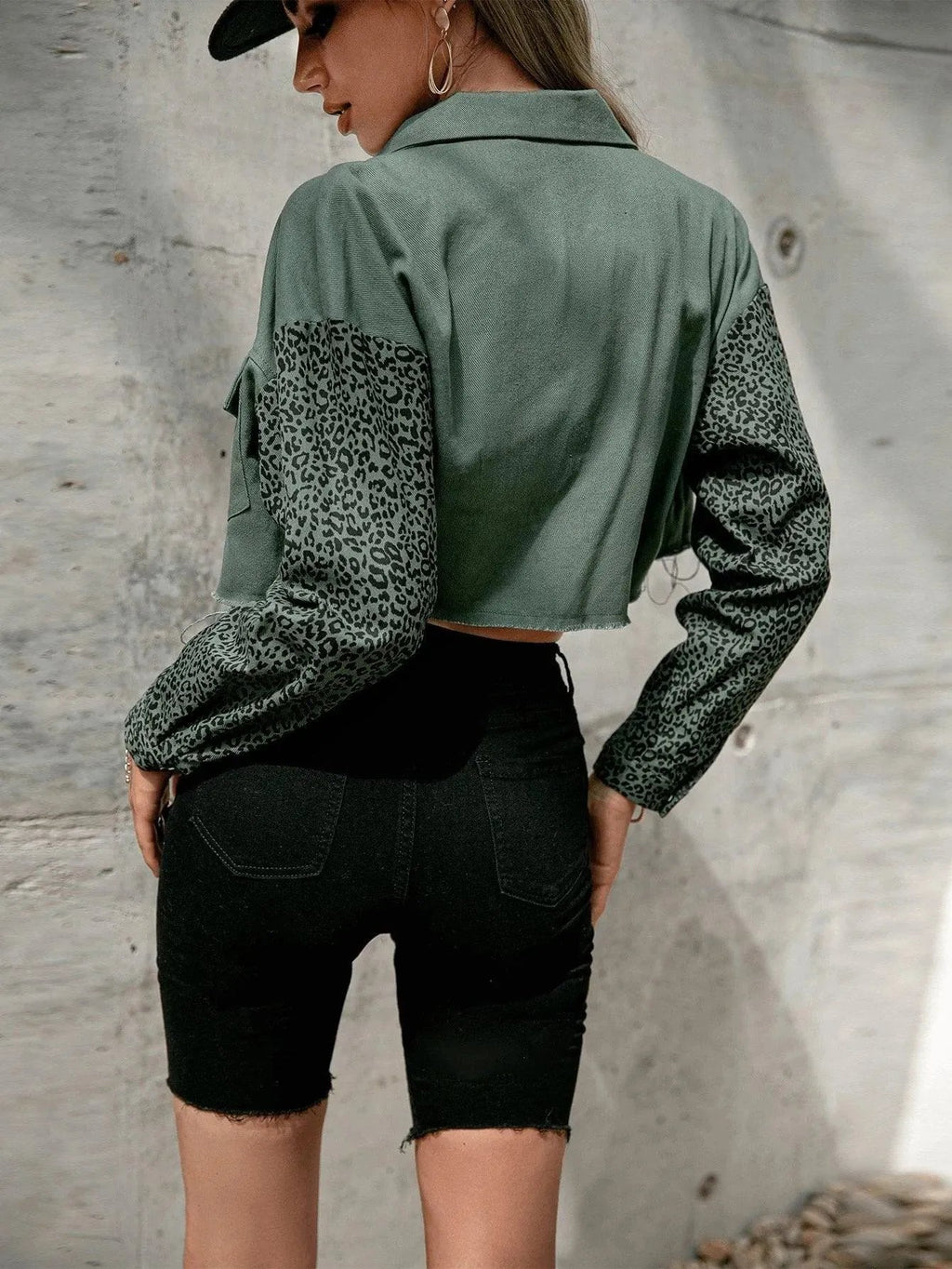 Leopard Print Drop Shoulder Raw Trim Crop Jacket