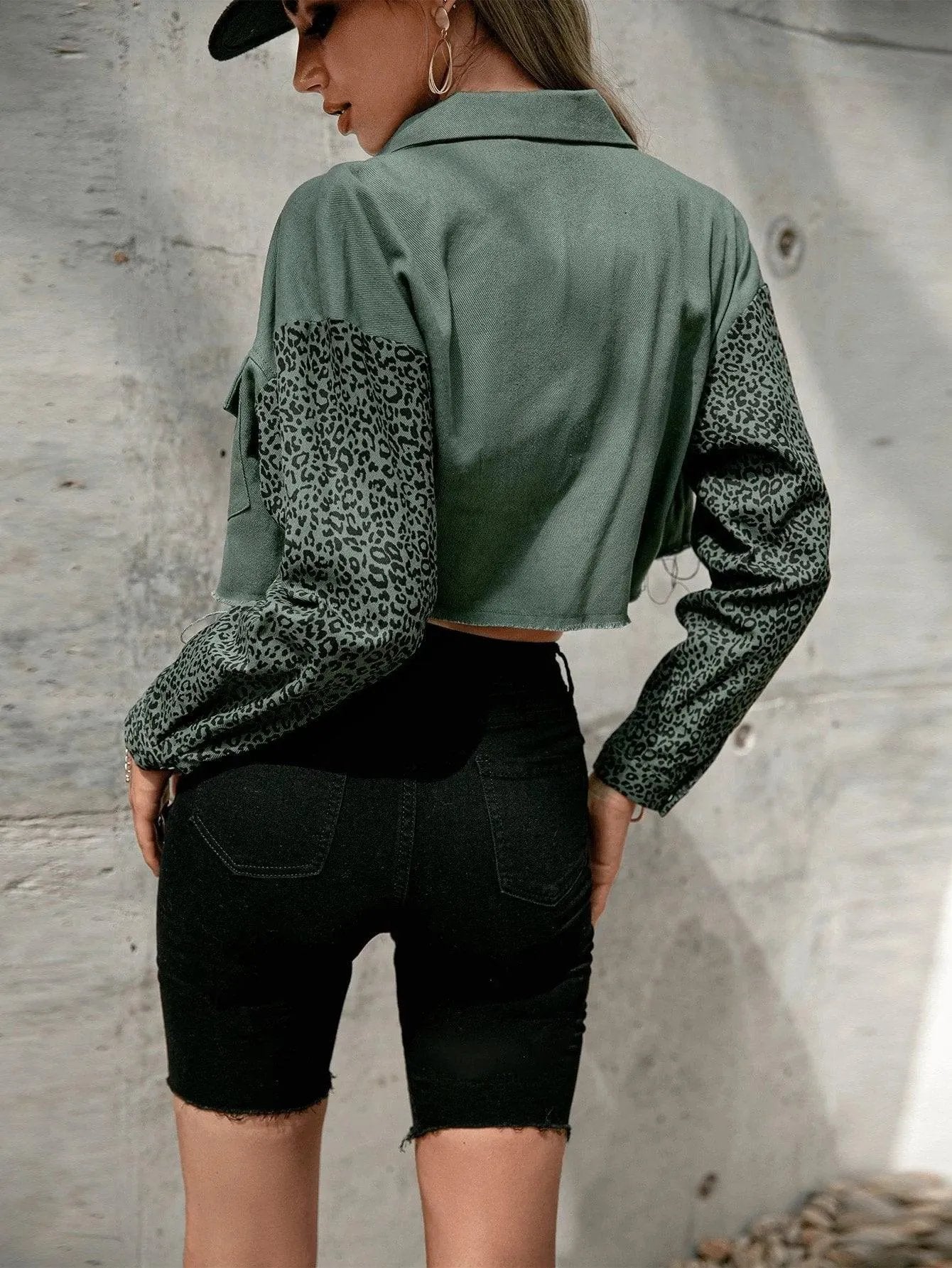 Leopard Print Drop Shoulder Raw Trim Crop Jacket