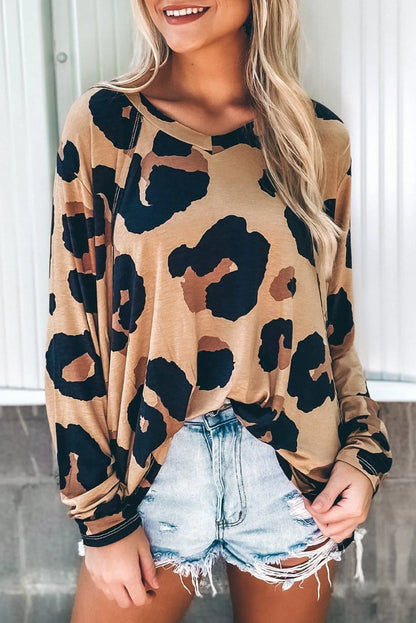 Leopard Print Long Sleeve Loose Top Jewelry Bubble