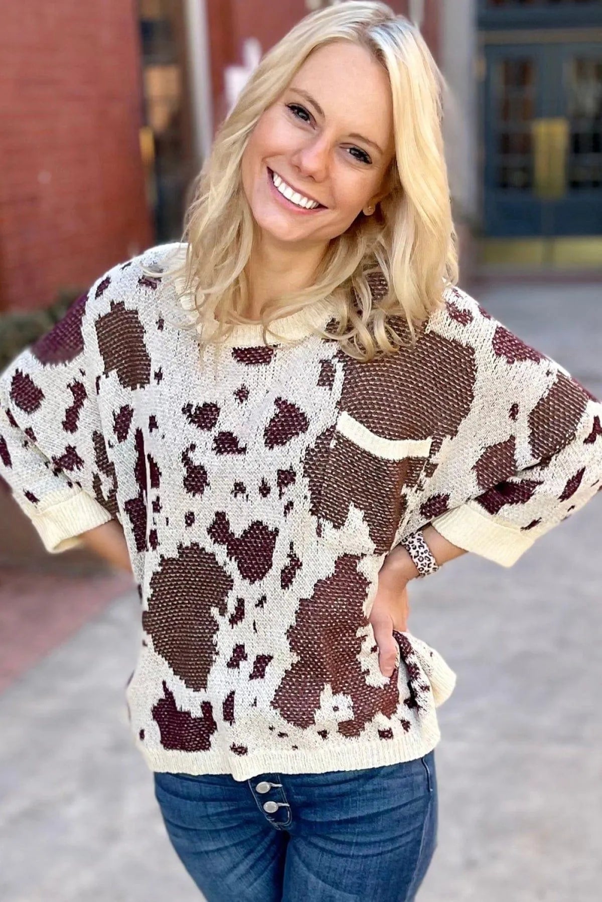 Leopard Print Side Slit Knit Sweater Jewelry Bubble