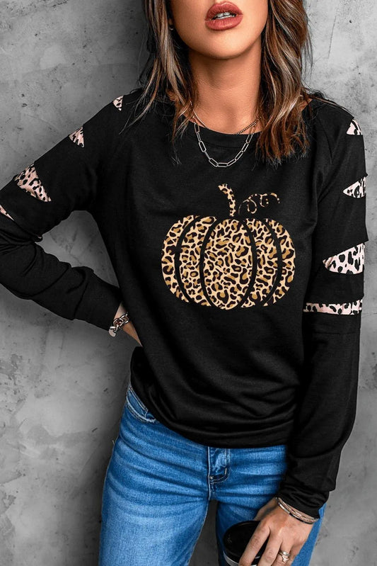 Leopard Pumpkin Print Cutout Long Sleeve Top Jewelry Bubble