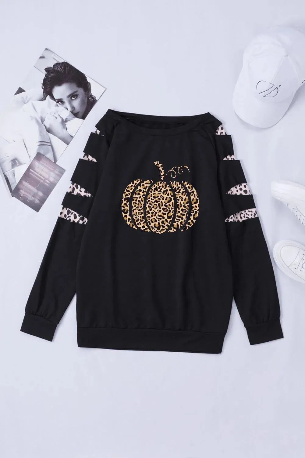 Leopard Pumpkin Print Cutout Long Sleeve Top