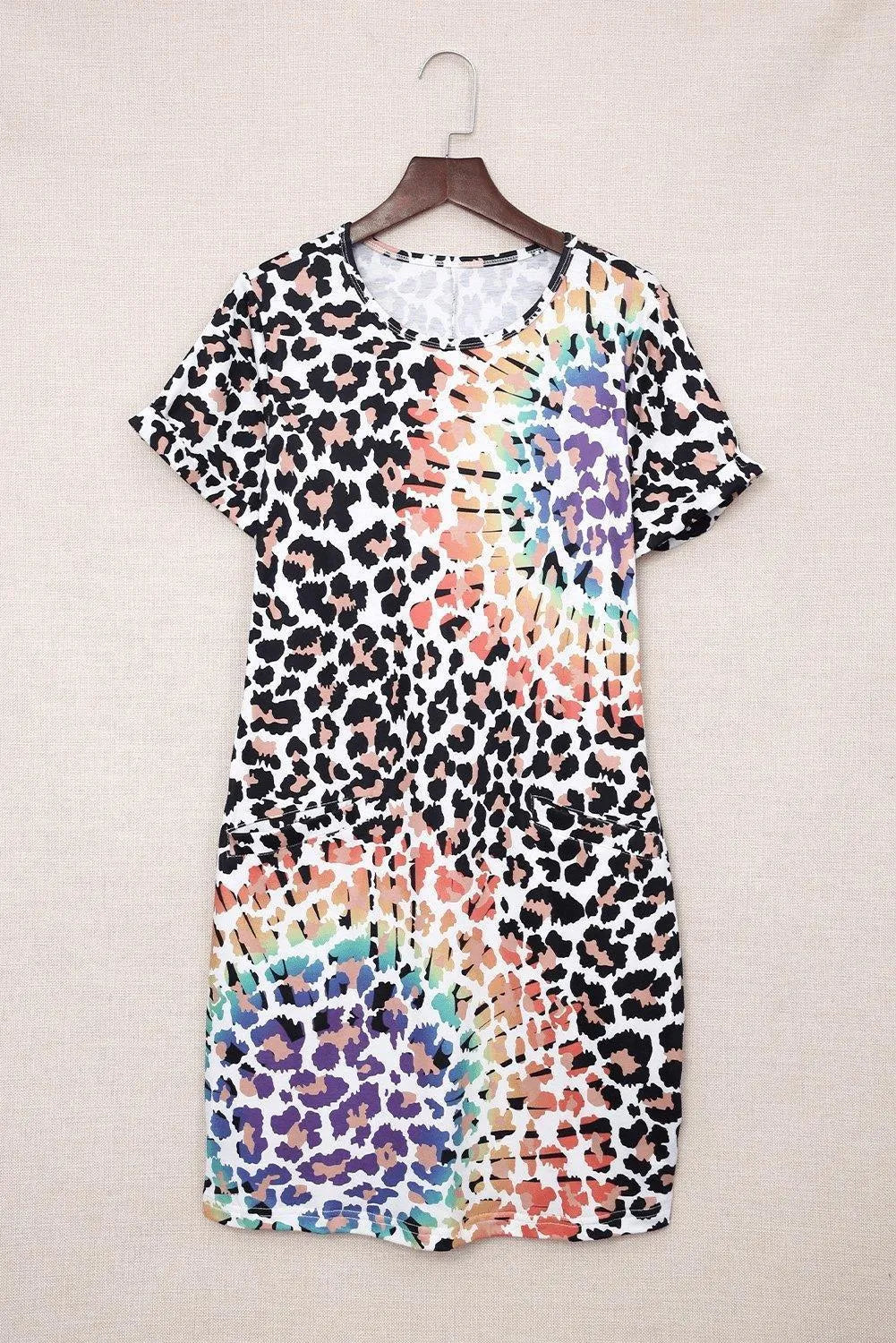 Leopard Reverse Tie Dye Rainbow Pocket Mini Dress Jewelry Bubble