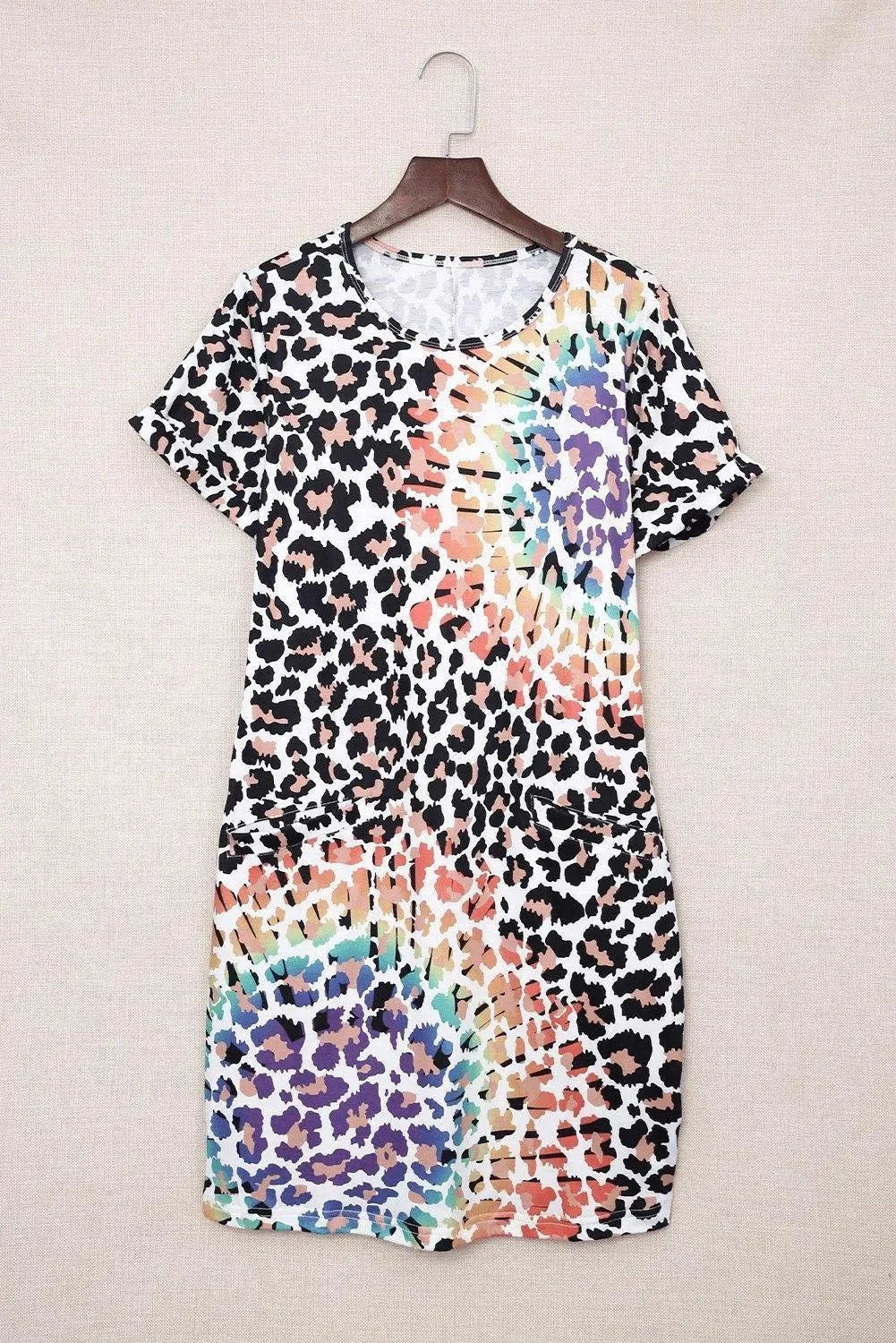 Leopard Reverse Tie Dye Rainbow Pocket Mini Dress