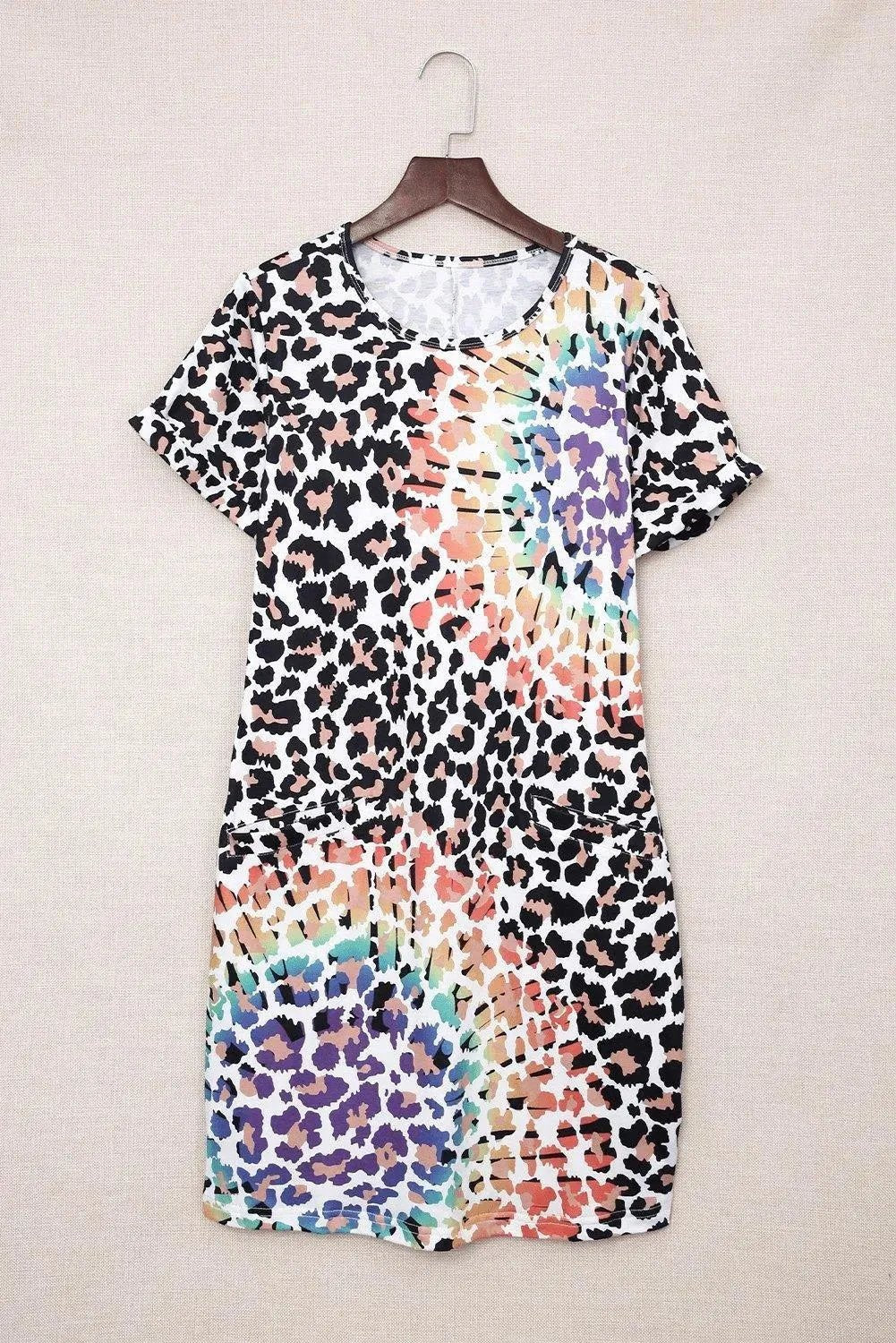 Leopard Reverse Tie Dye Rainbow Pocket Mini Dress