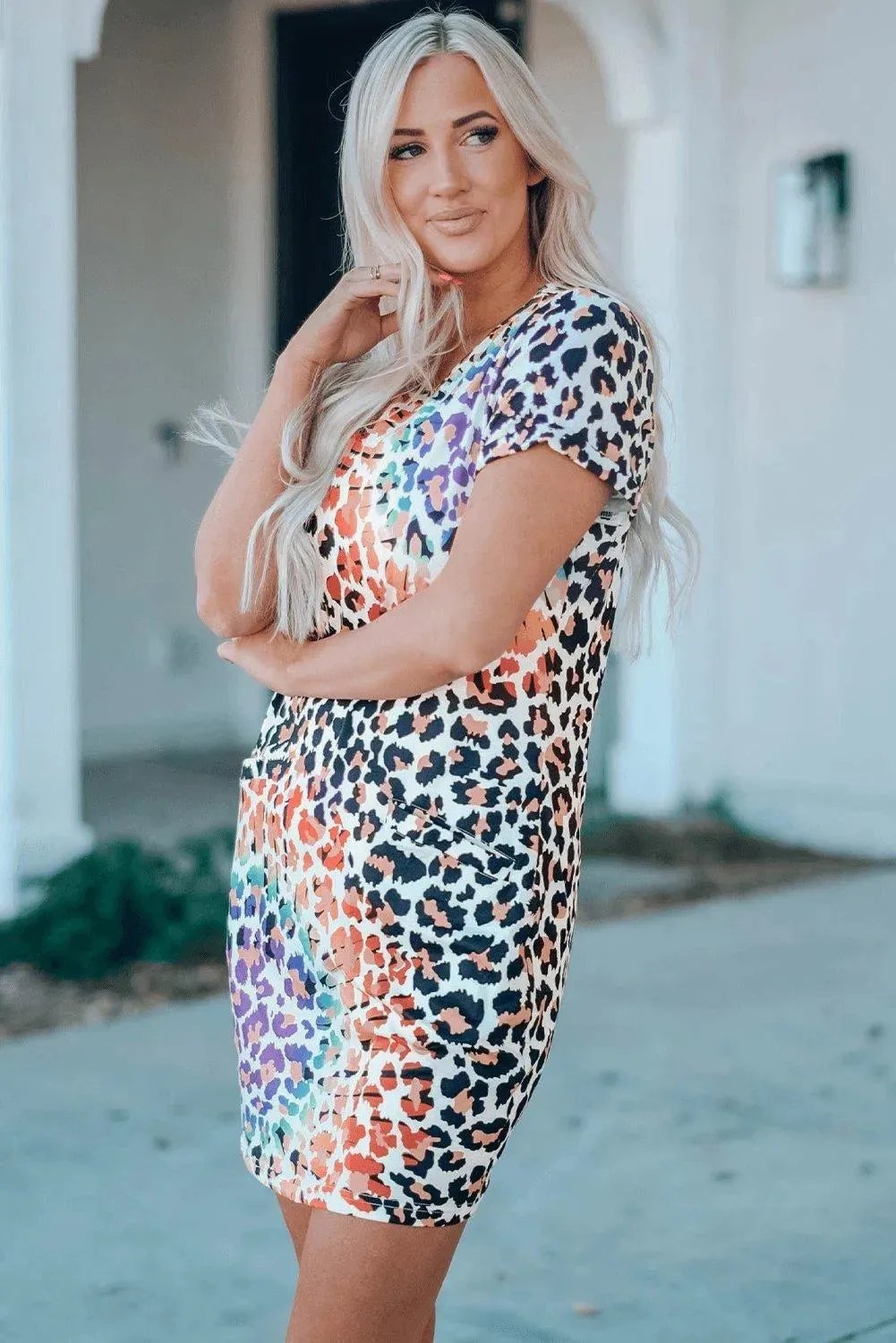 Leopard Reverse Tie Dye Rainbow Pocket Mini Dress