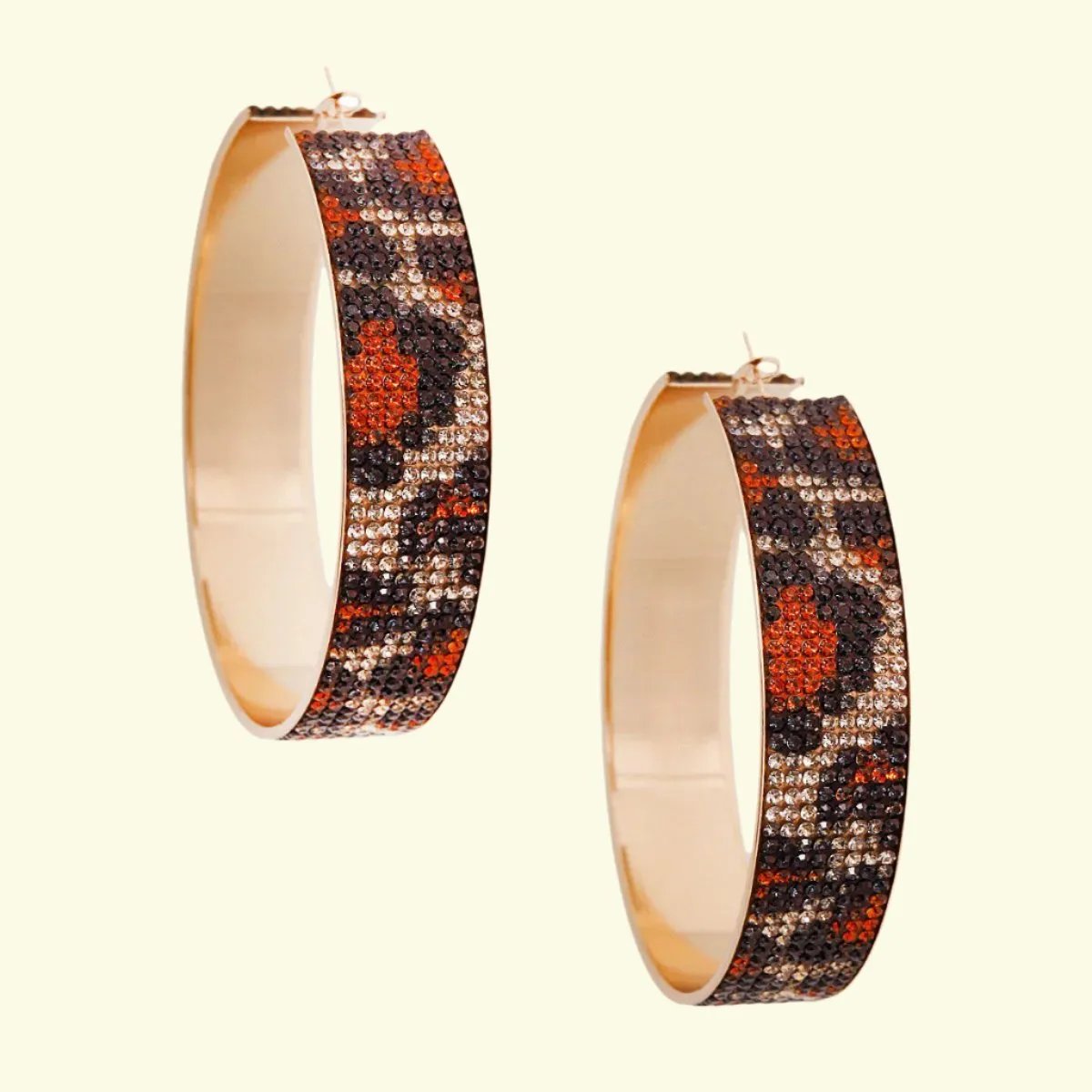 Leopard Rhinestone Wide Hoop Earrings Gold Tone