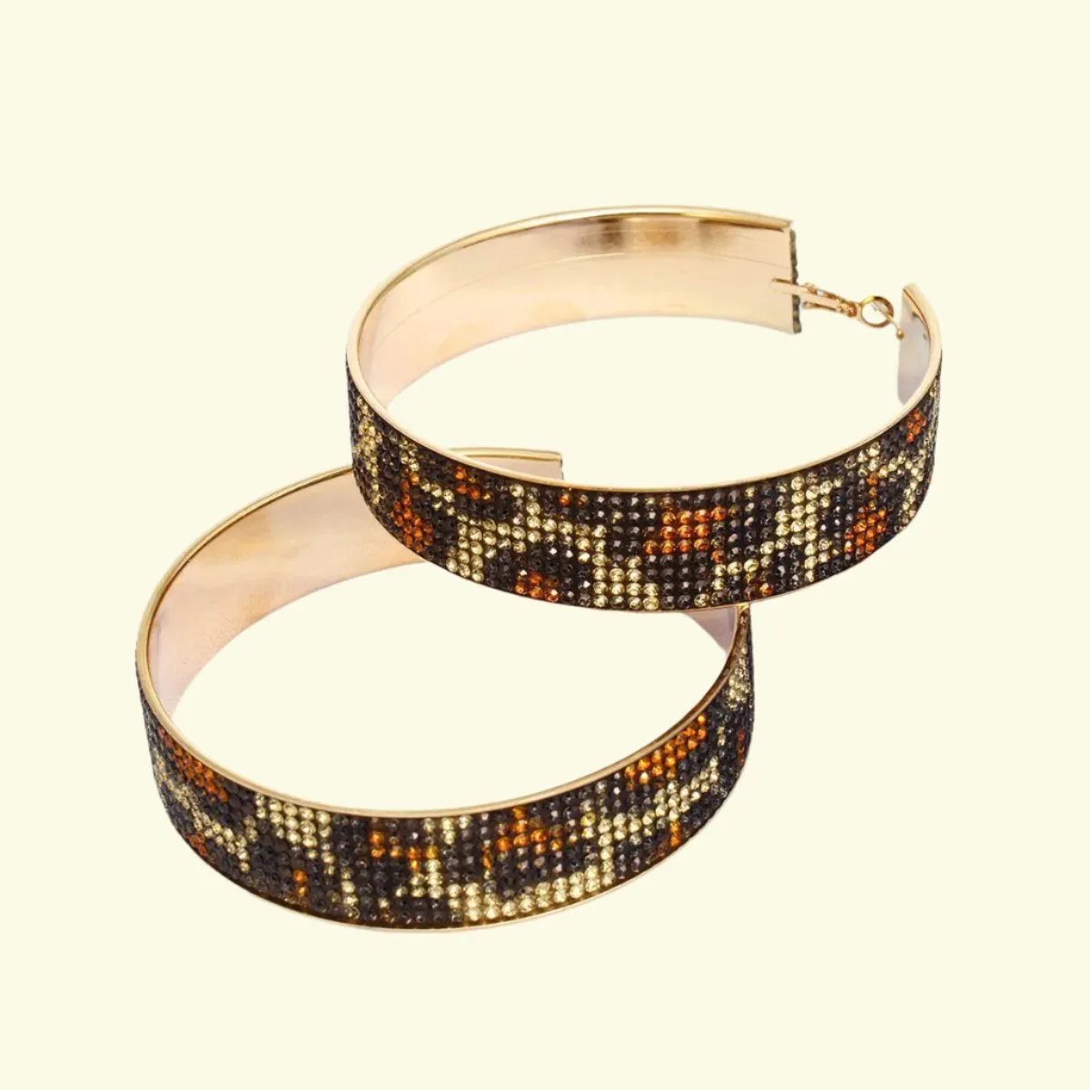 Leopard Rhinestone Wide Hoop Earrings Gold Tone