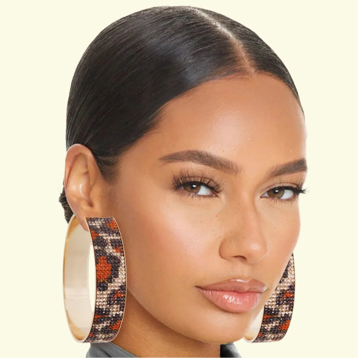 Leopard Rhinestone Wide Hoop Earrings Gold Tone