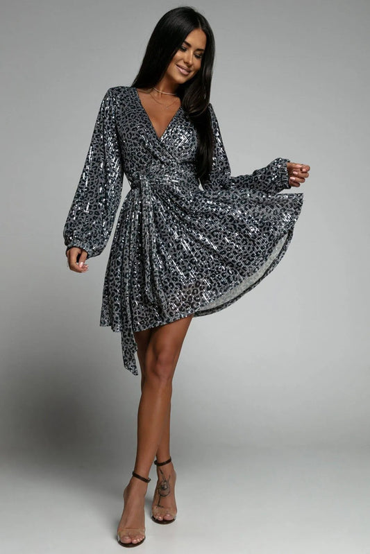 Leopard Sequins V Neck Wrap Dress With Tie Gray Jewelry Bubble