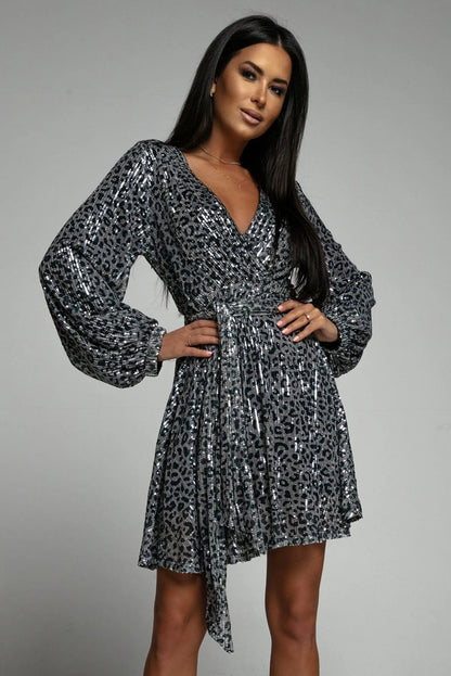 Leopard Sequins V Neck Wrap Dress With Tie Gray Jewelry Bubble