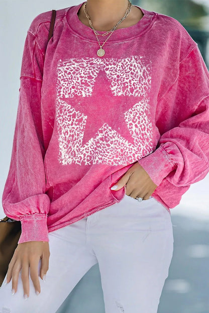 Leopard Star Graphic Print Long Sleeve Sweatshirt Rose Jewelry Bubble