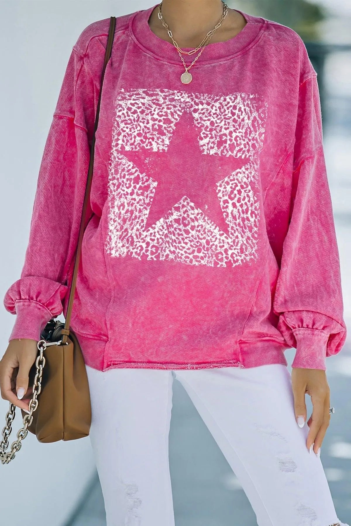 Leopard Star Graphic Print Long Sleeve Sweatshirt Rose Jewelry Bubble