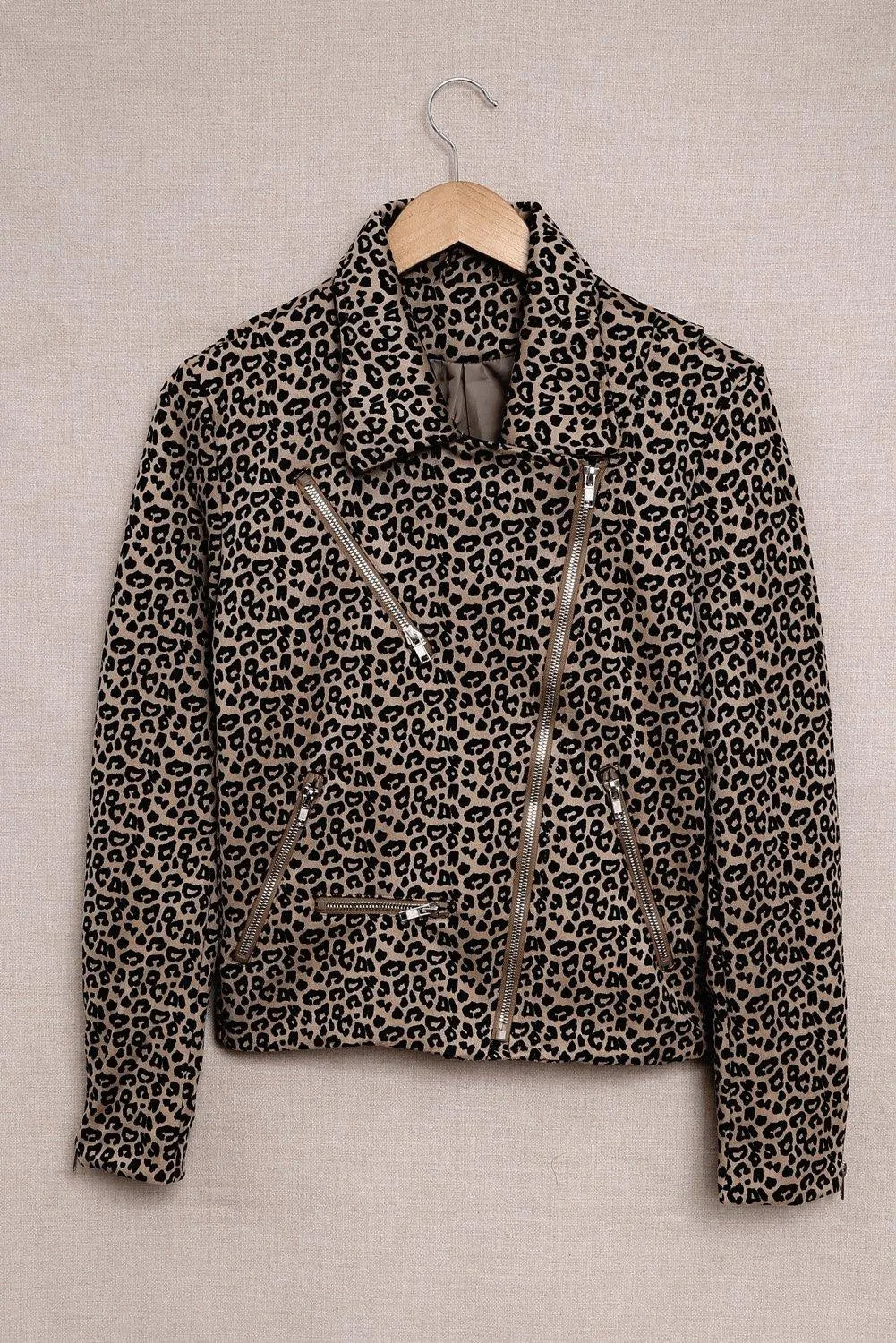 Leopard Zipped Notch Collar Short Jacket Jewelry Bubble