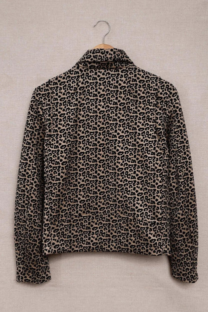 Leopard Zipped Notch Collar Short Jacket Jewelry Bubble