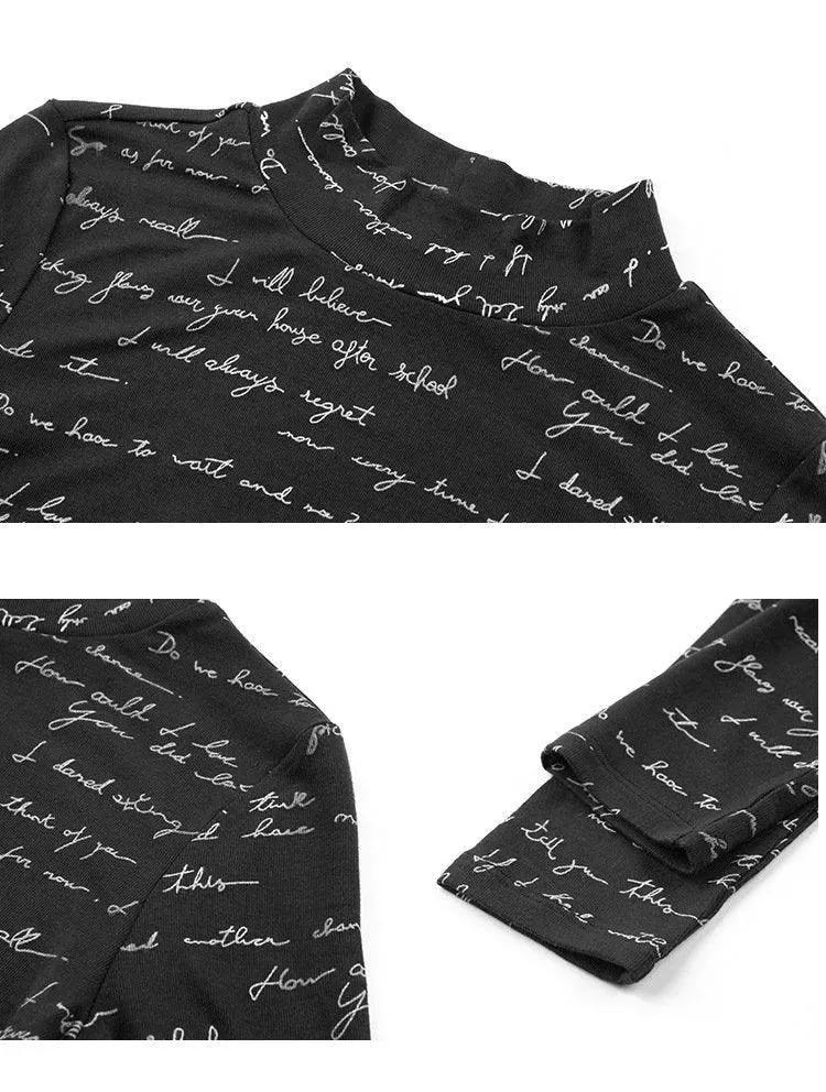 Letters Print Mock Neck Basic Long-Sleeve T-Shirt