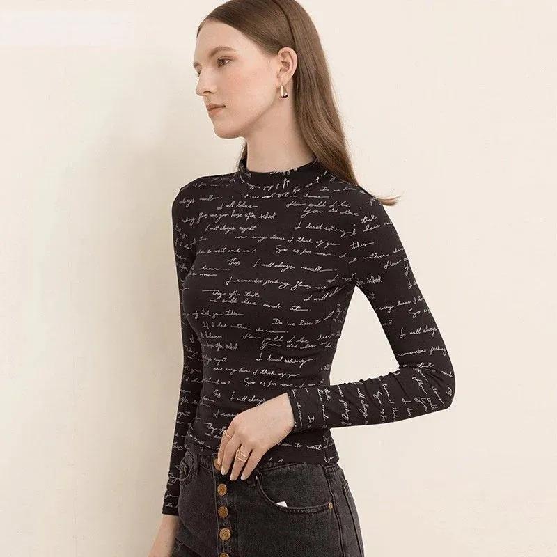 Letters Print Mock Neck Basic Long-Sleeve T-Shirt