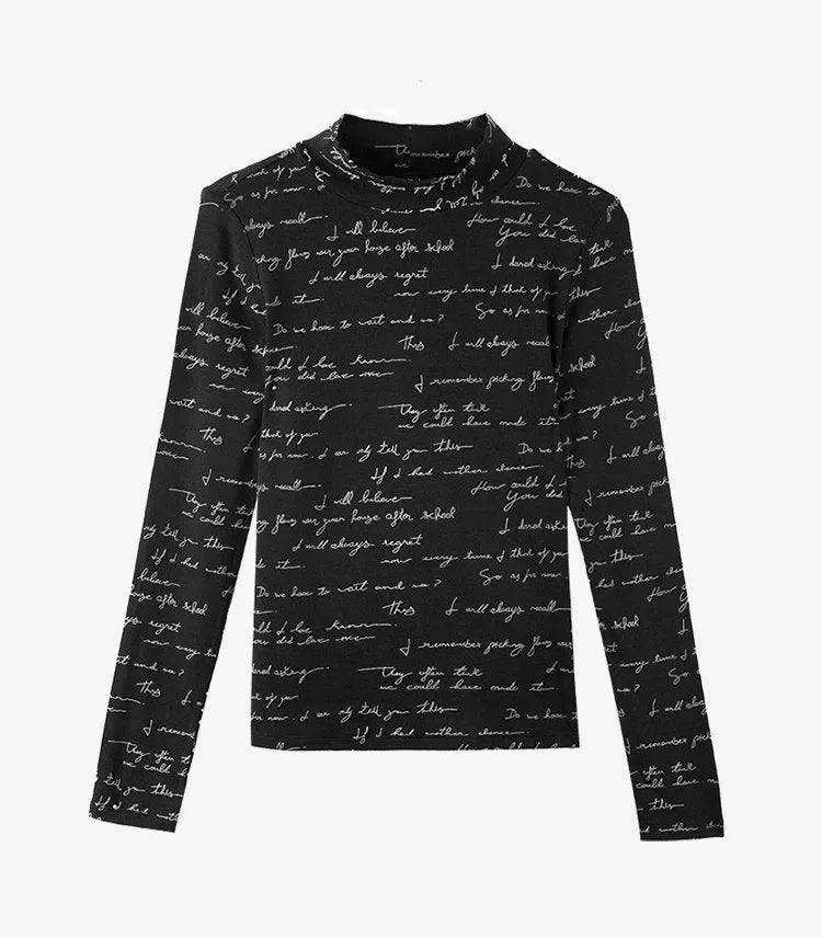 Letters Print Mock Neck Basic Long-Sleeve T-Shirt