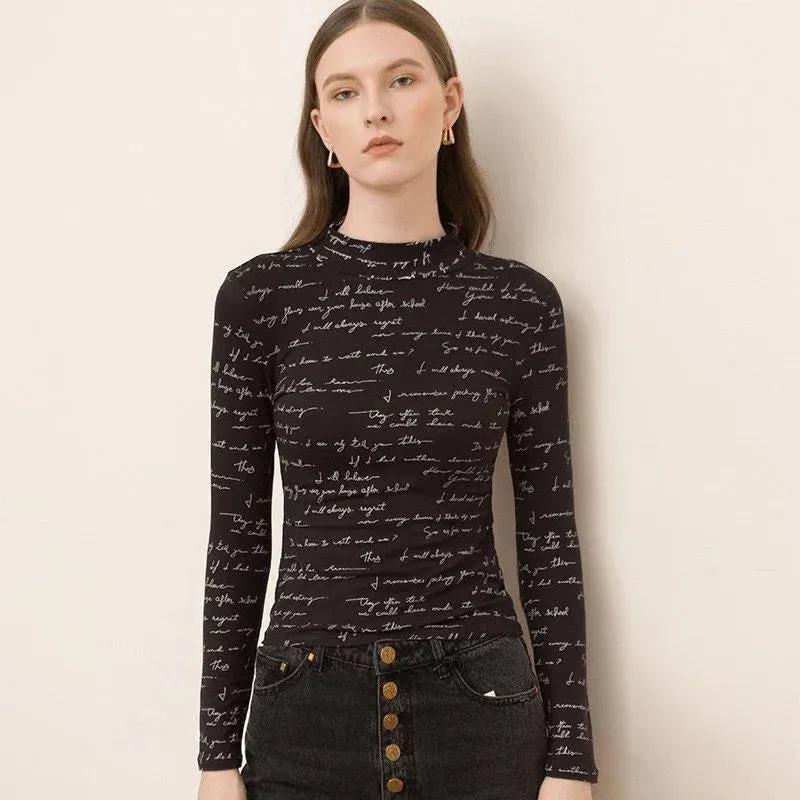 Letters Print Mock Neck Basic Long-Sleeve T-Shirt