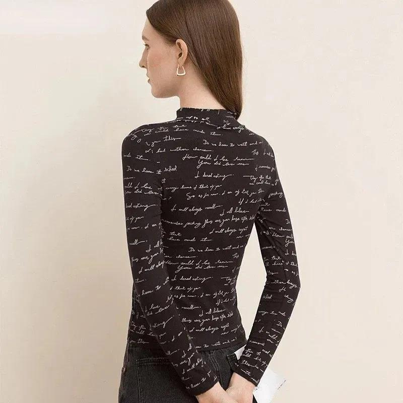 Letters Print Mock Neck Basic Long-Sleeve T-Shirt