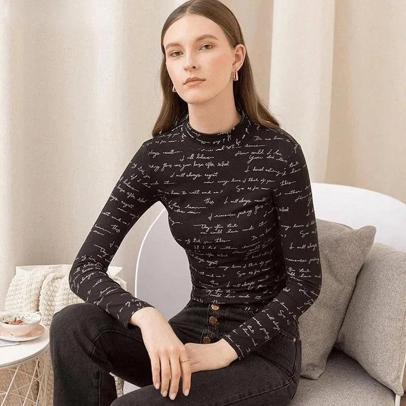 Letters Print Mock Neck Basic Long-Sleeve T-Shirt