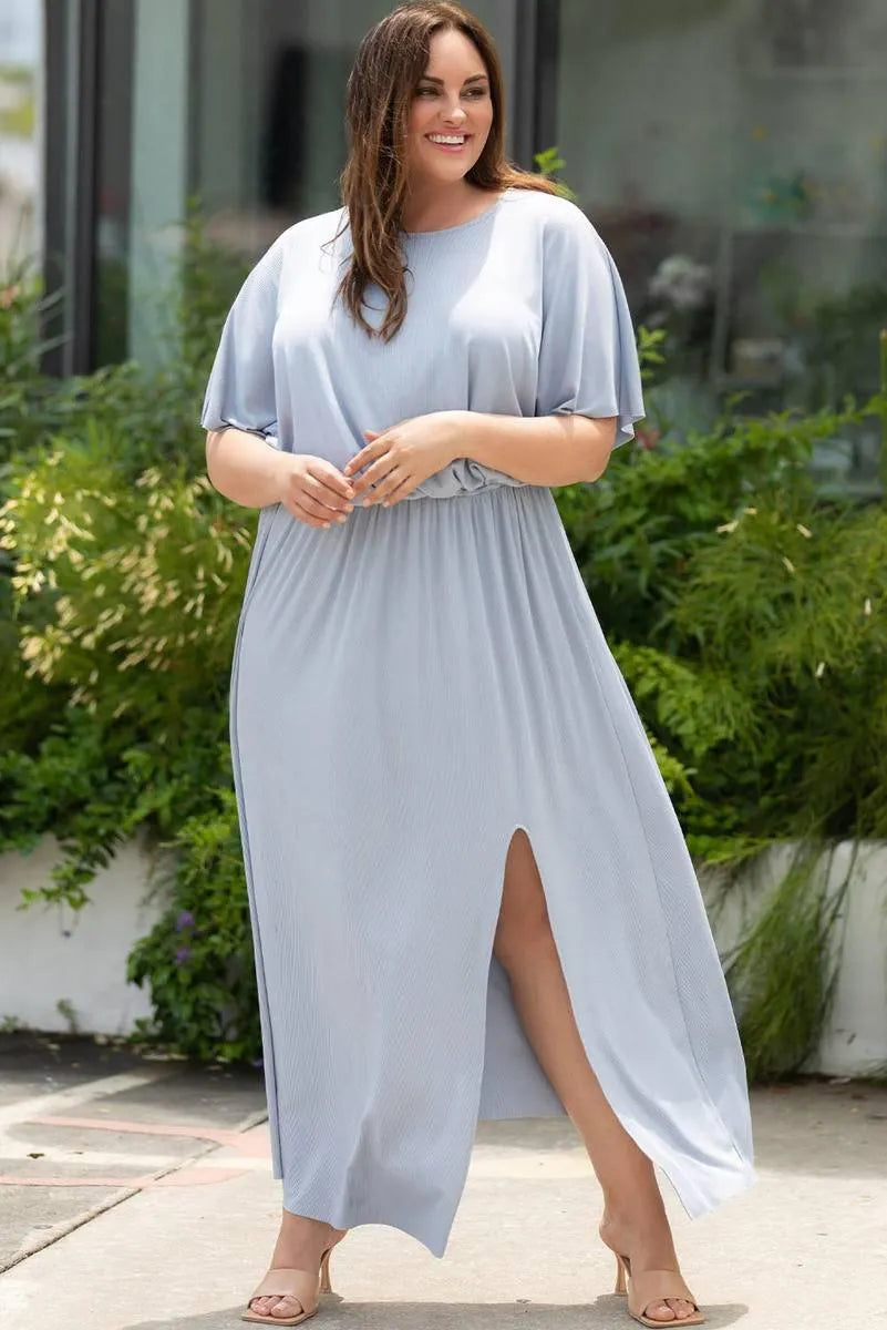 Light Blue Plus Size Rib Knit Maxi Dress with Slit – Perfect for Summer Jewelry Bubble