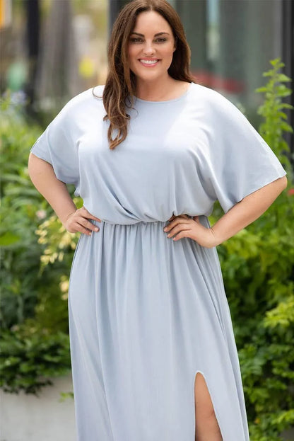 Light Blue Plus Size Rib Knit Maxi Dress with Slit – Perfect for Summer Jewelry Bubble