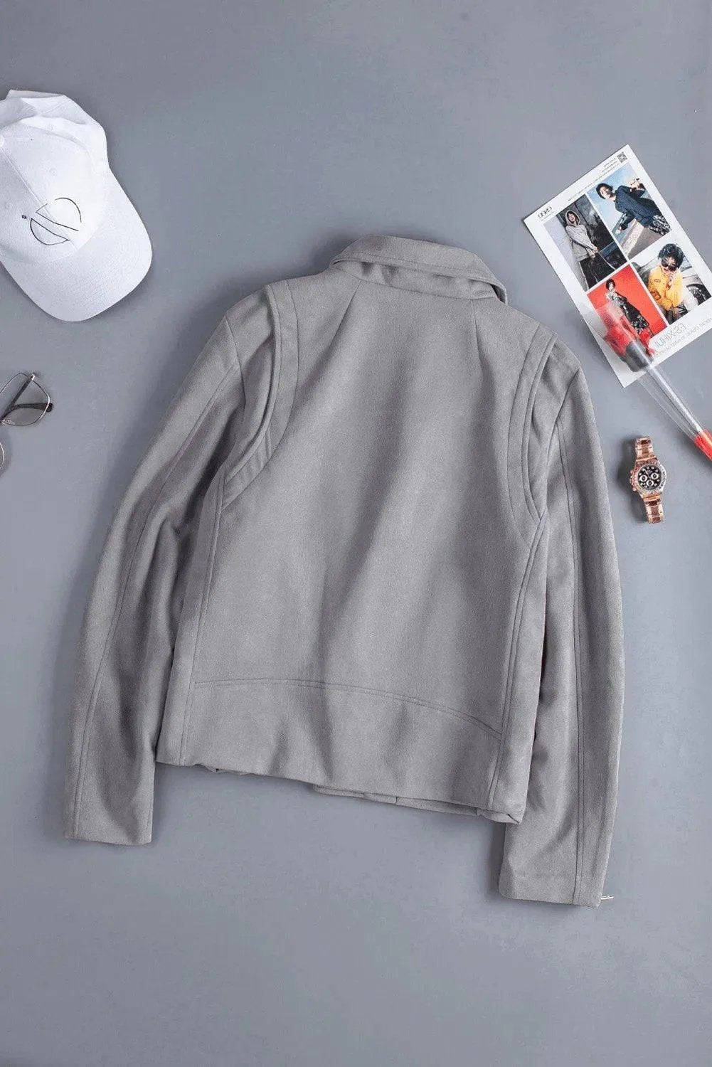 Light Gray Zipped Notch Collar Short Jacket