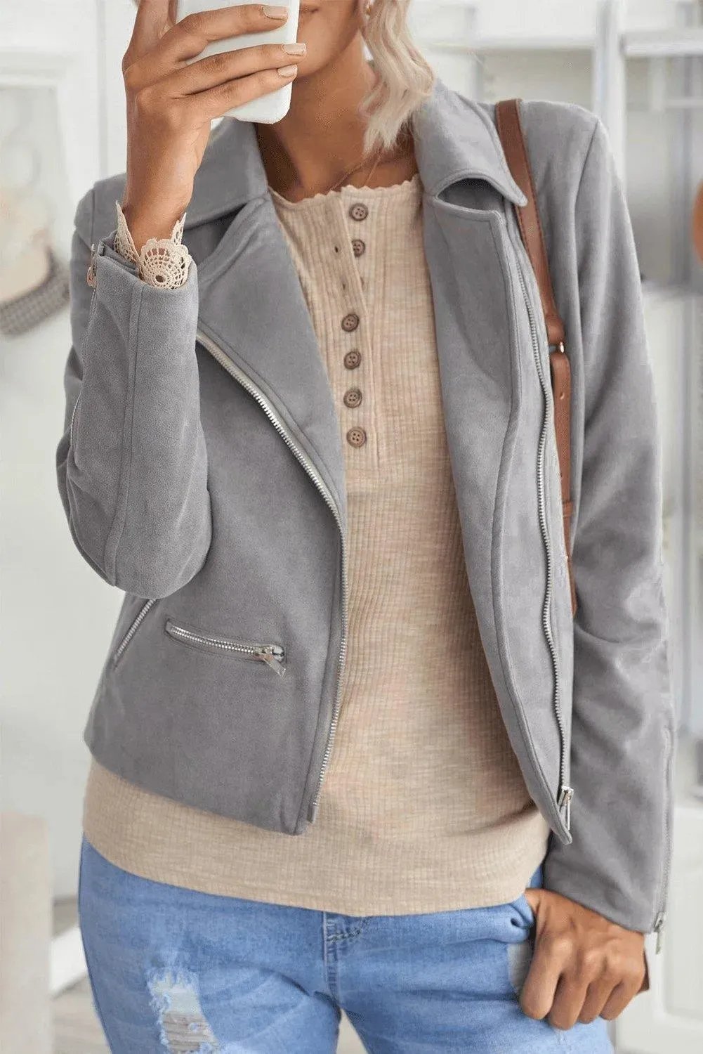 Light Gray Zipped Notch Collar Short Jacket