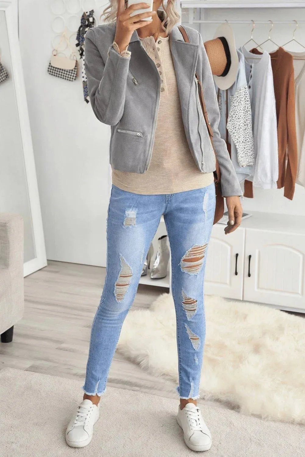 Light Gray Zipped Notch Collar Short Jacket
