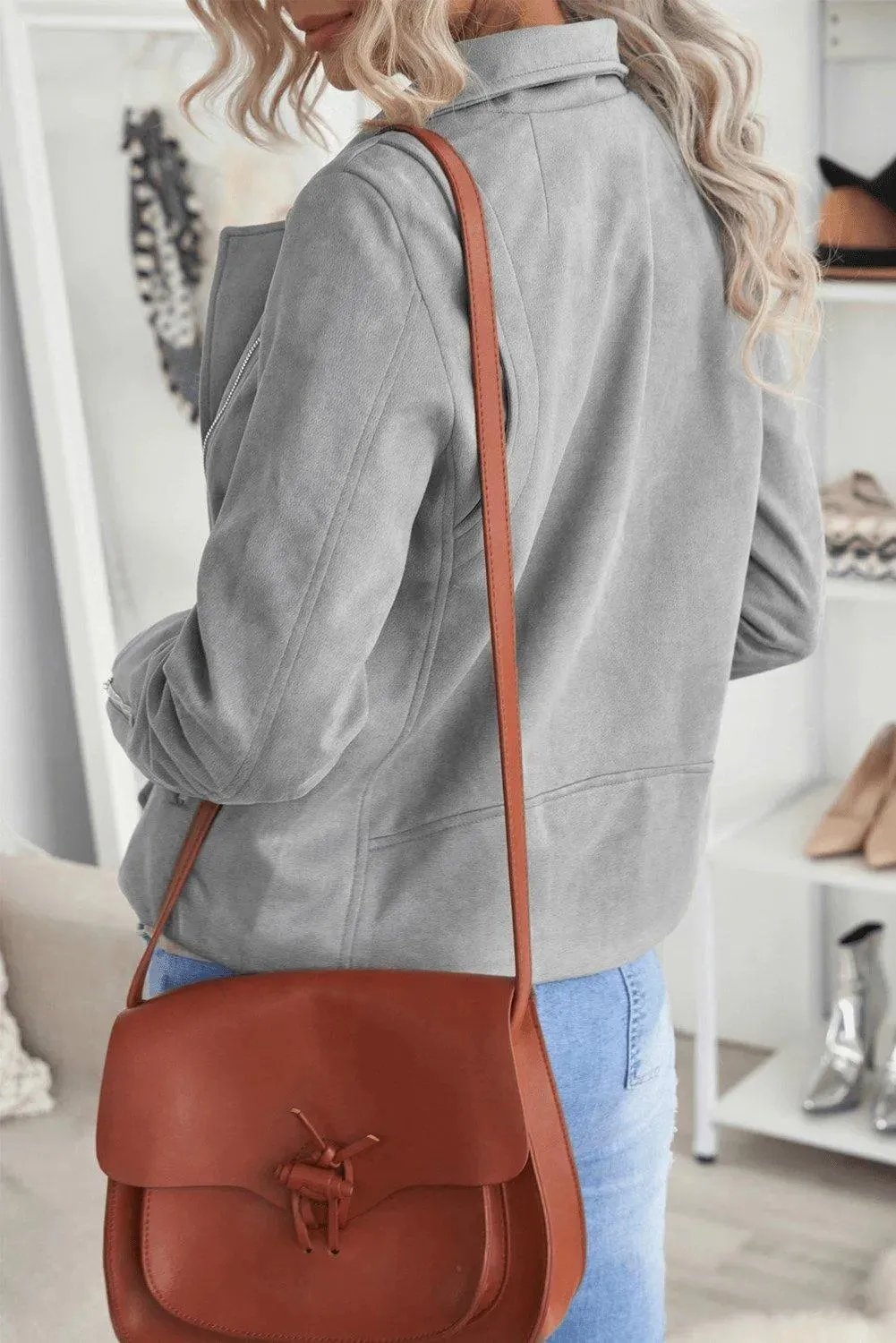 Light Gray Zipped Notch Collar Short Jacket
