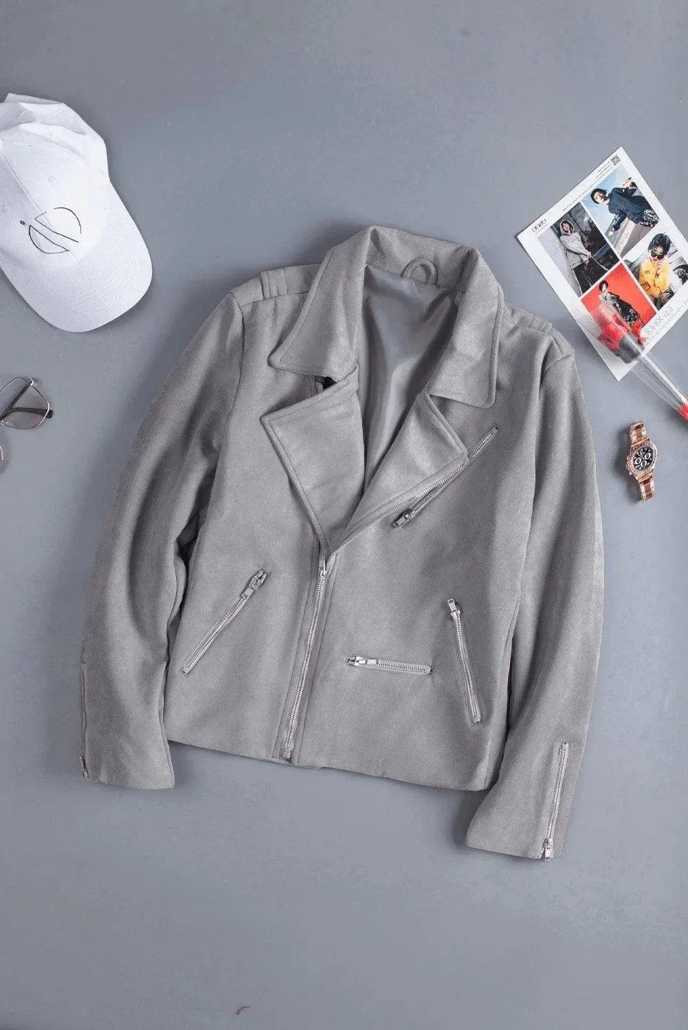 Light Gray Zipped Notch Collar Short Jacket